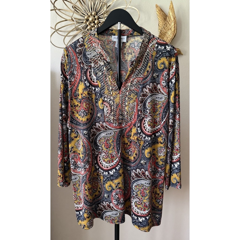 Peck & Peck Womens XL Paisley Blouse Beaded Tunic Top Long Sleeve Stretch